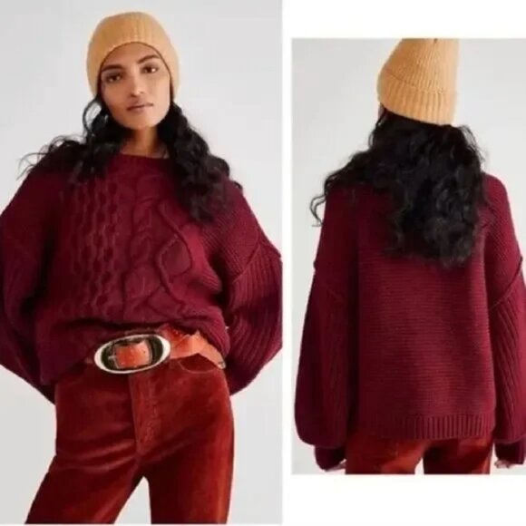 Free People Dream Cable Chunky Knit Crewneck Sweater in Cabernet (Size: S) - Picture 1 of 4